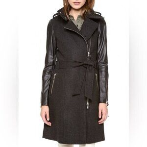 ARITZIA Mackage Wool Trench Coat Asymmetrical Leather Sleeves Whimsigoth